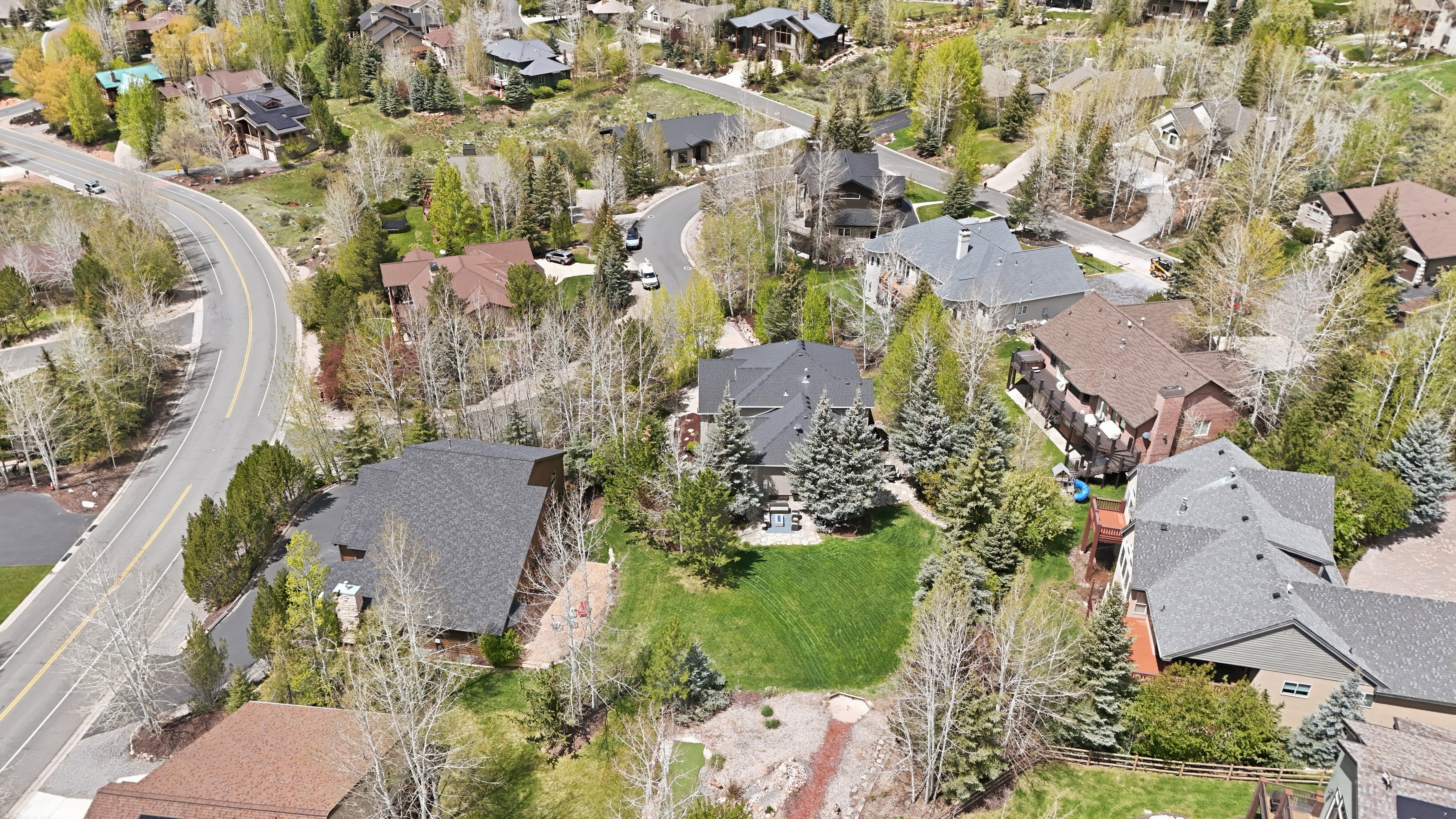Aerial perspective showcasing a residential area with varied home styles