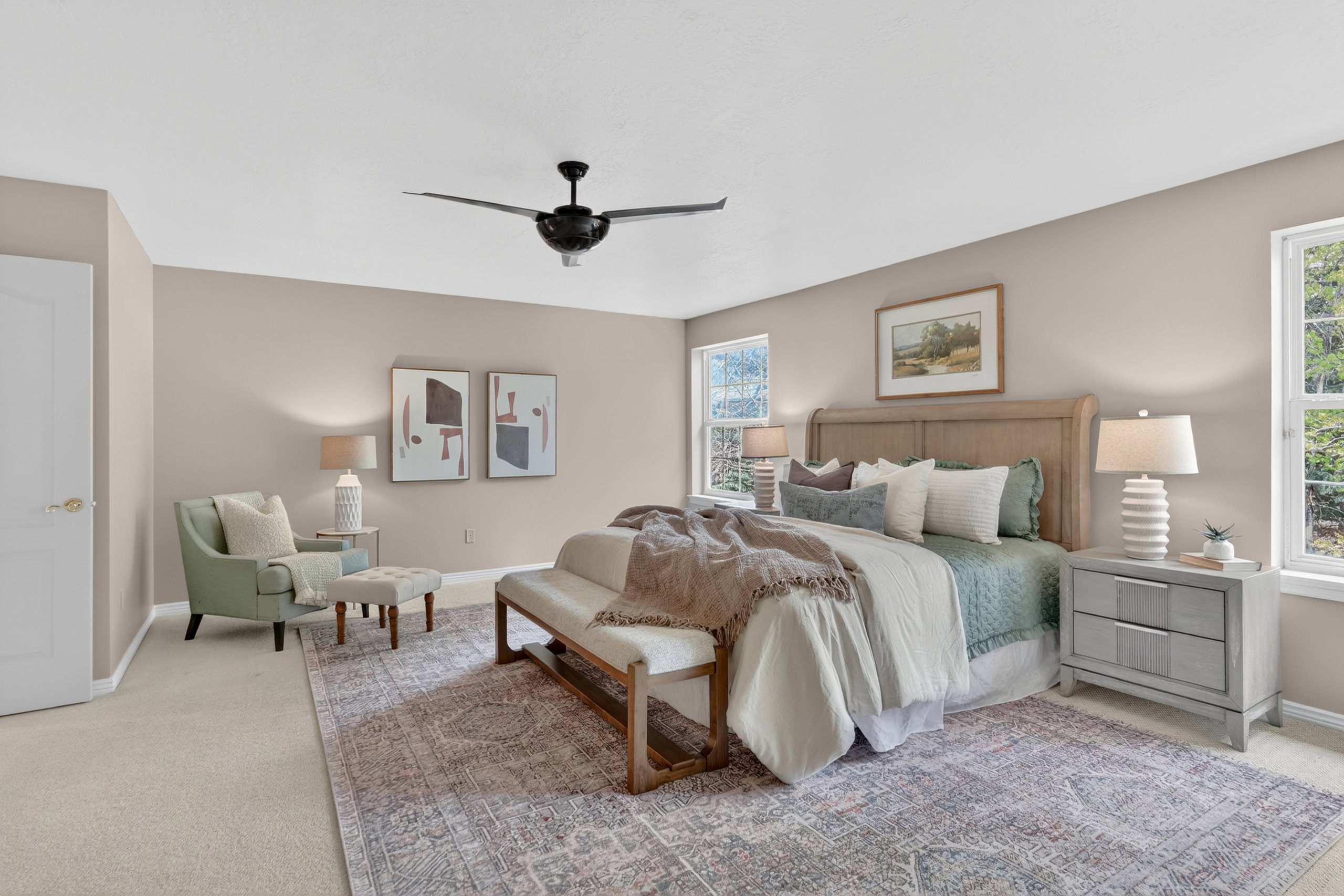 Neutral-toned walls complement a light wood-finish bed frame
