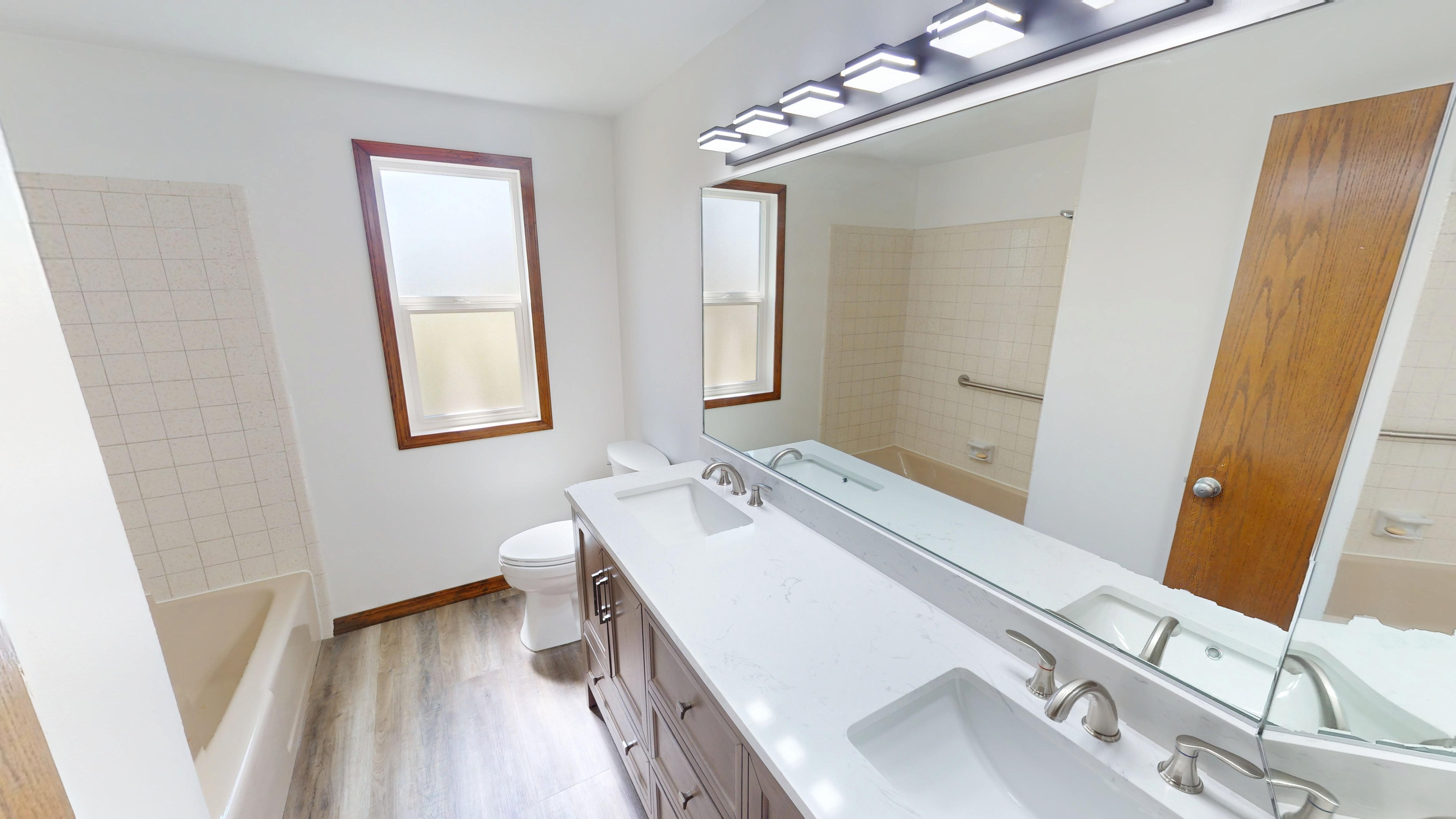Full bathroom featuring a double vanity with stone countertop, two undermount sinks, and a long mirror with overhead vanity lighting