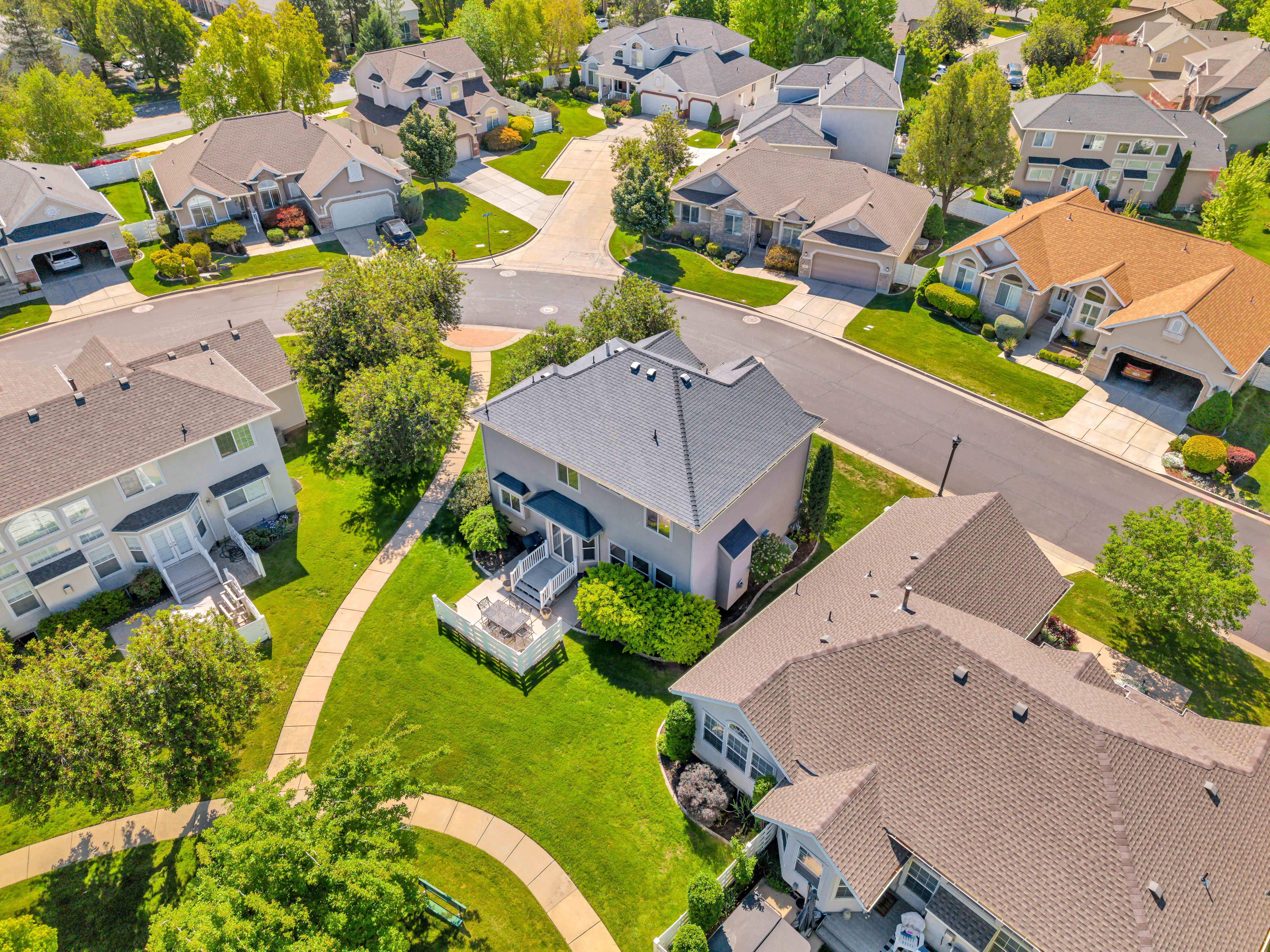 Aerial perspective showcasing a residential neighborhood with detached homes