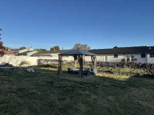 Expansive backyard featuring a covered gazebo, mature plantings, and a solid perimeter fence