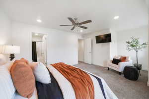 Bedroom featuring light gray carpet, white walls, recessed lighting, and a ceiling fan