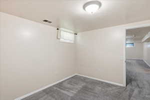 Room featuring new gray carpet, neutral painted walls, a flush-mount ceiling light, white baseboards, and a window with white Roman shades
