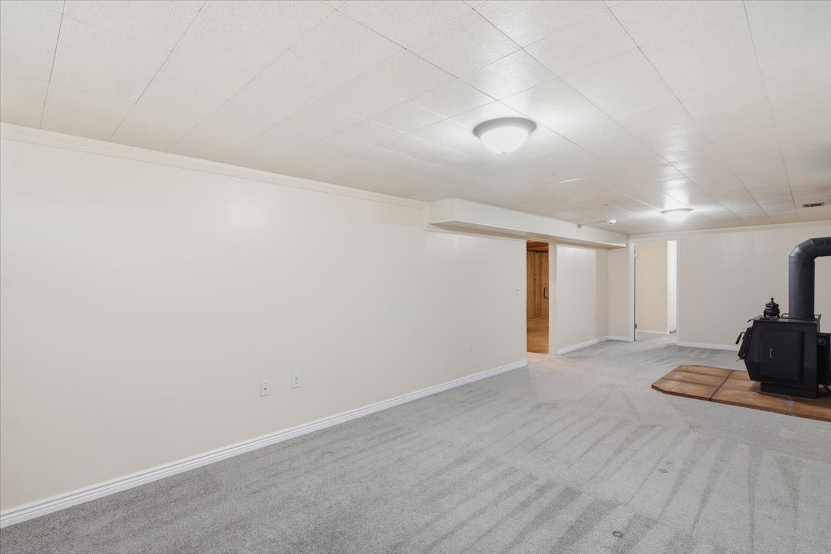 Spacious lower-level room featuring light gray carpeting, white walls, and a drop ceiling