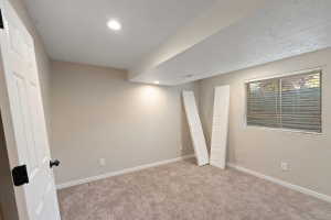 Neutral-toned room featuring a large window with horizontal blinds, recessed lighting, and beige carpet flooring