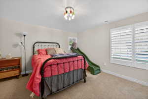 Bedroom featuring neutral-toned walls, carpet flooring, a multi-bulb ceiling light fixture, and white plantation shutters on a double window. SLIDE.