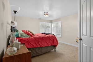 Bedroom featuring neutral wall paint, textured carpet flooring, and a multiple-panel window with white plantation shutters