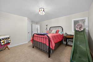 Bedroom featuring neutral-toned carpet flooring and a multi-bulb ceiling fixture