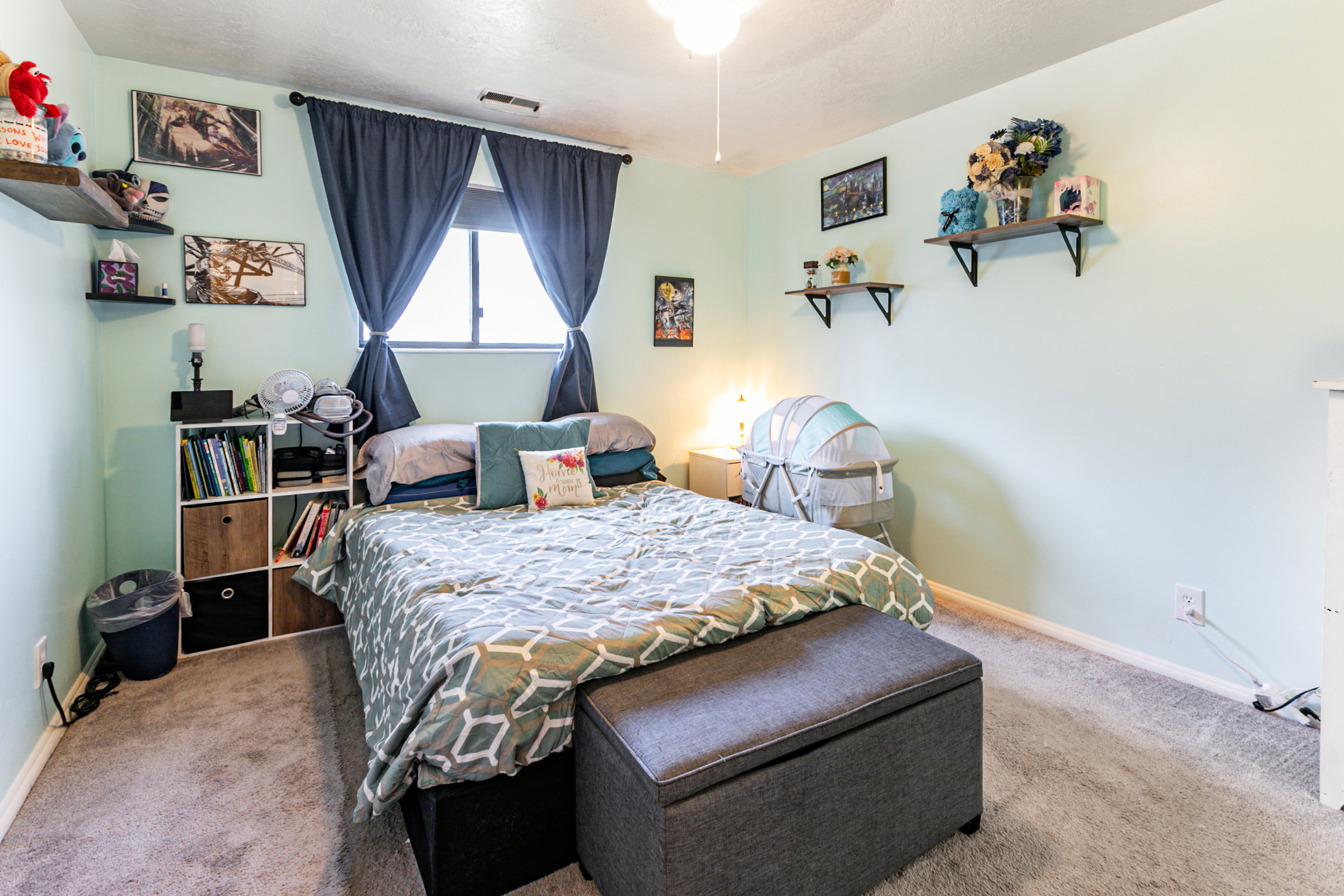 Carpeted bedroom featuring a window with dark curtains, a ceiling fan with light, and wall-mounted shelving