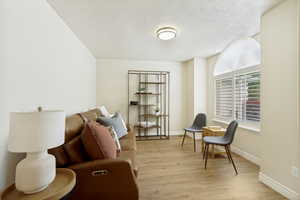 Brightly lit interior space featuring light-colored walls, wood-finish flooring, and a large arched window with white plantation shutters