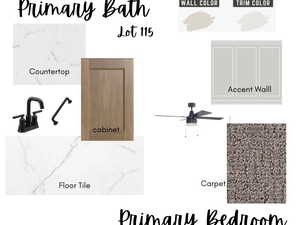 Property Finishes Selection, Lot 115. Detailing material and color choices for the primary bath and bedroom