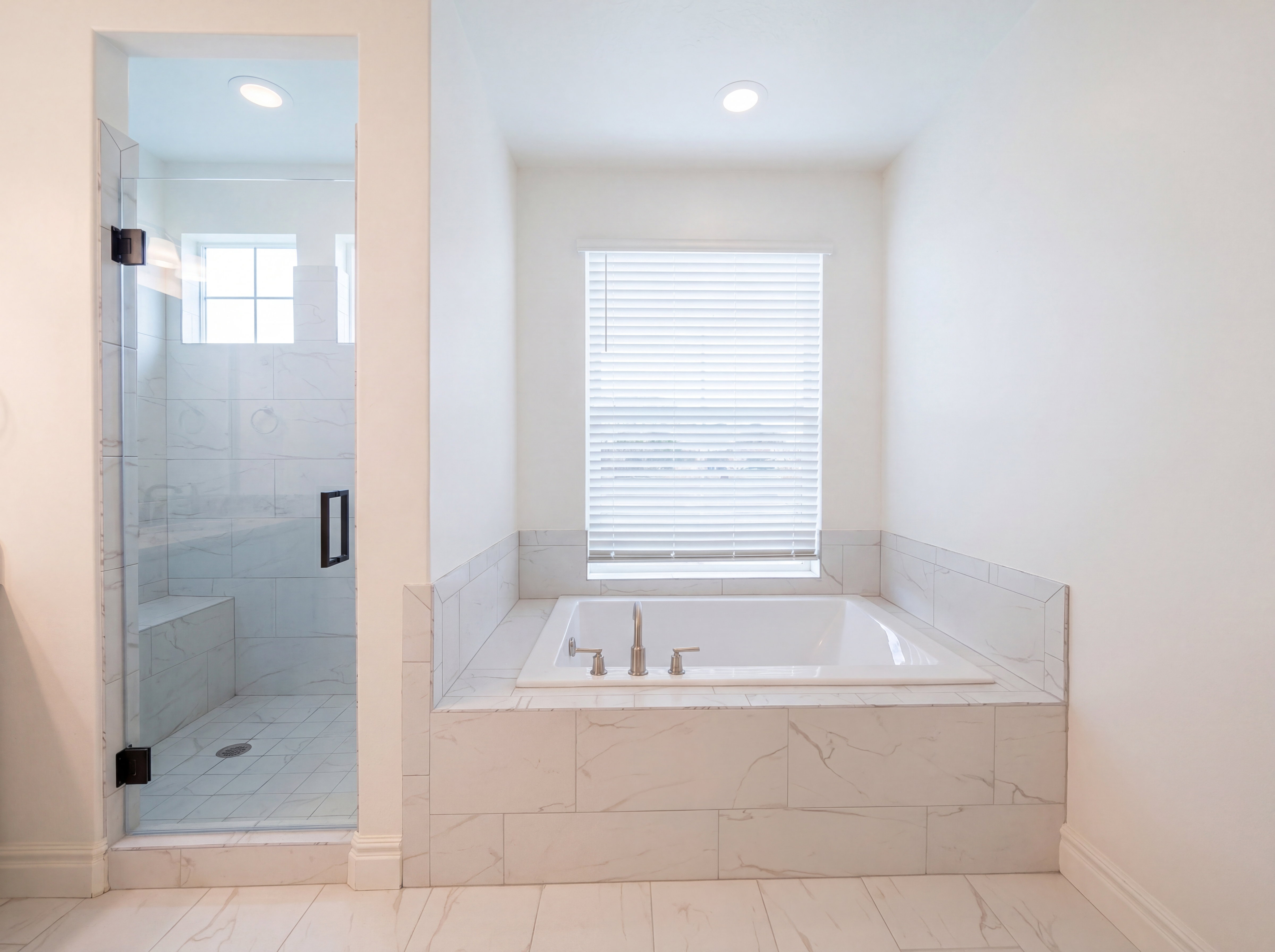Soaking tub with deck-mounted fixtures, set within a tiled surround featuring a window with blinds