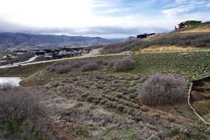 Scenic mountain landscape featuring a winding road, natural vegetation, and distant contemporary architecture