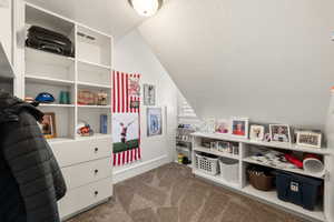 Carpeted bonus room featuring built-in white shelving, integrated drawers with dark hardware, and a window with white shutters