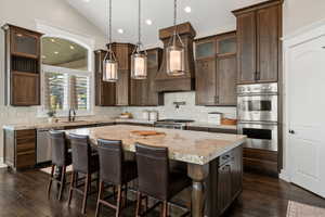 Gourmet kitchen featuring a large central island with seating, dark wood cabinetry, stainless steel double ovens, and wood-finish flooring