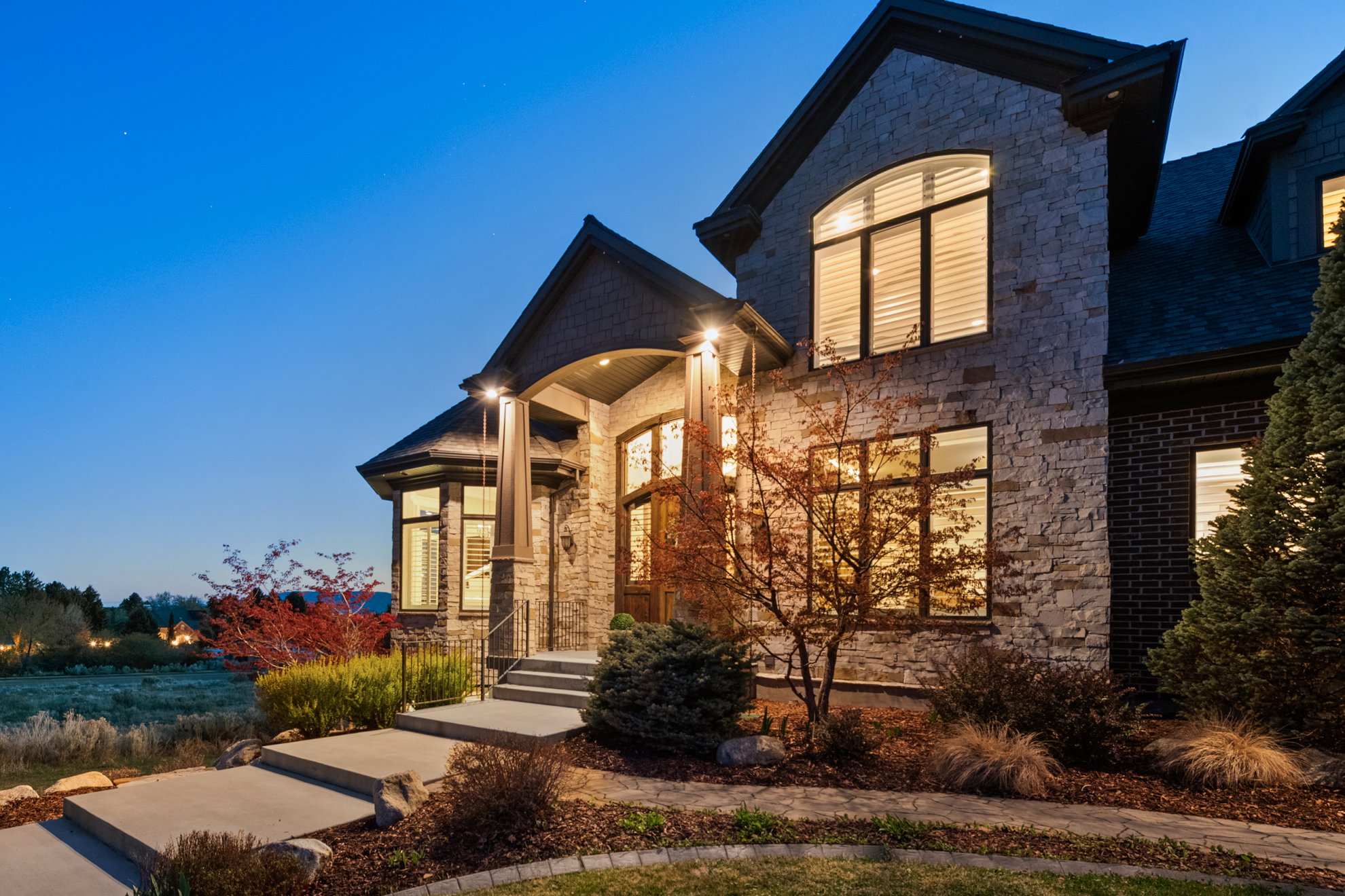 Stone and brick exterior with arched window detailing