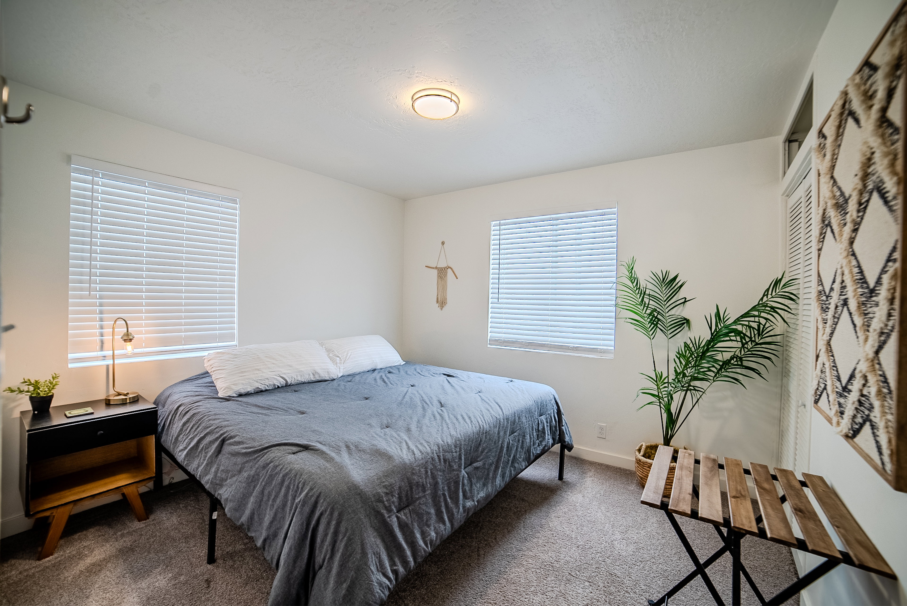 Carpeted bedroom featuring white walls, two windows with blinds, and a flush-mount ceiling light