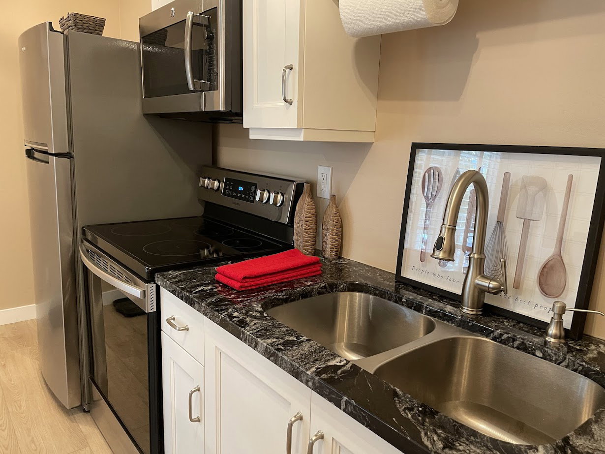 Kitchen featuring stainless steel appliances, a double basin sink with a pull-down faucet, white cabinetry, and dark speckled countertops