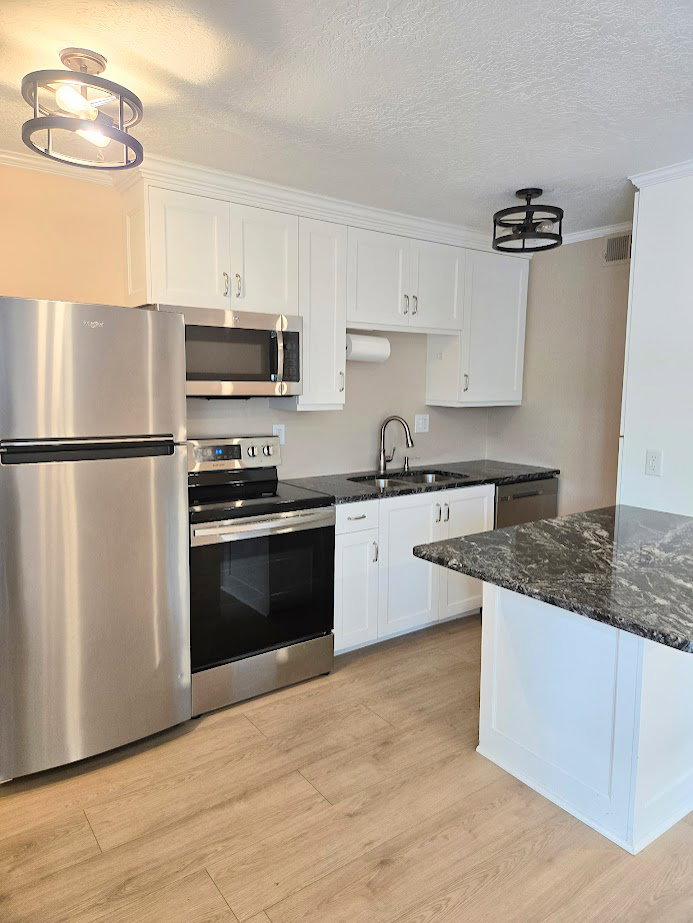 Kitchen featuring white cabinetry, stainless steel appliances, dark granite countertops, and wood-finish flooring