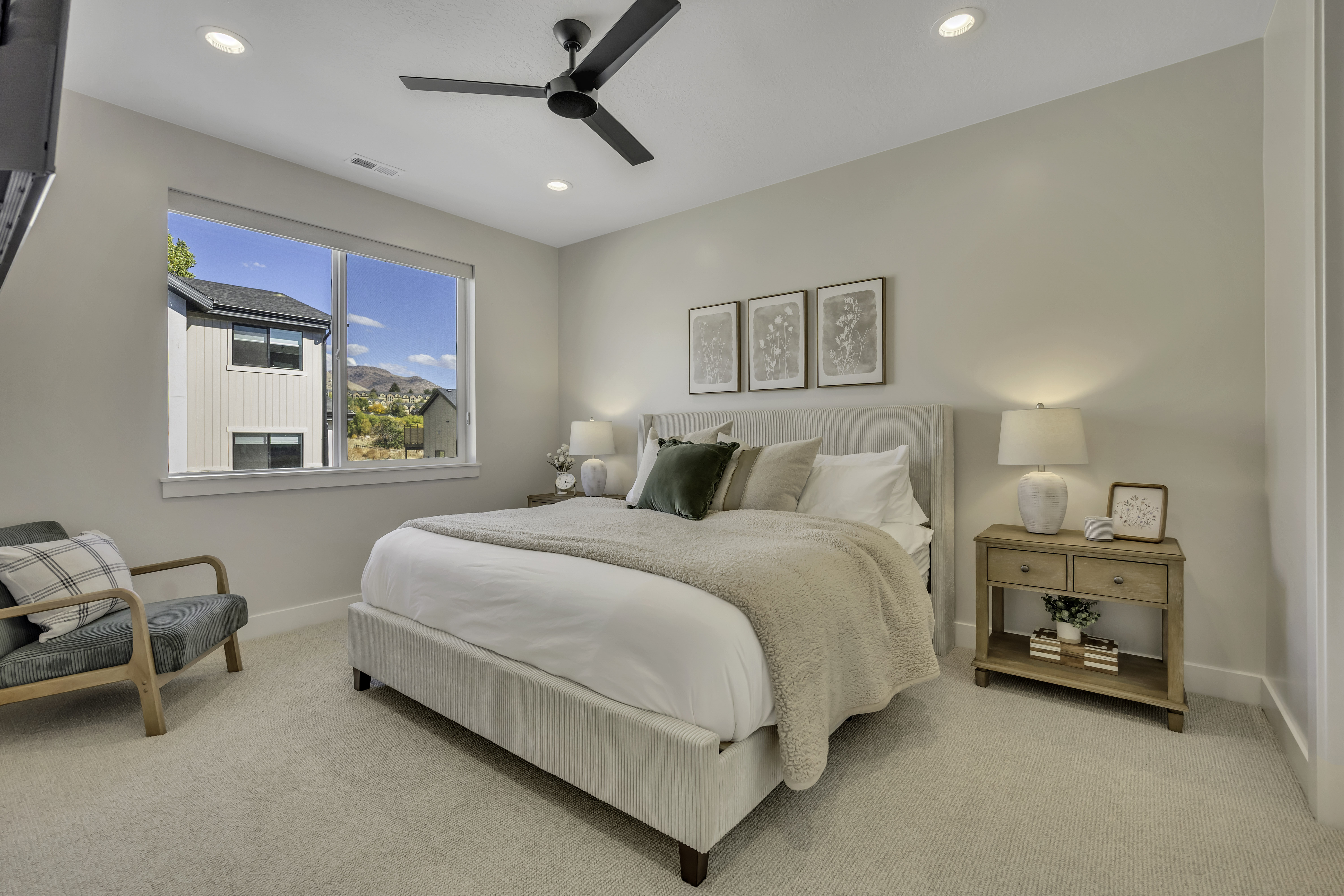Bedroom featuring recessed lighting, a ceiling fan, and carpet