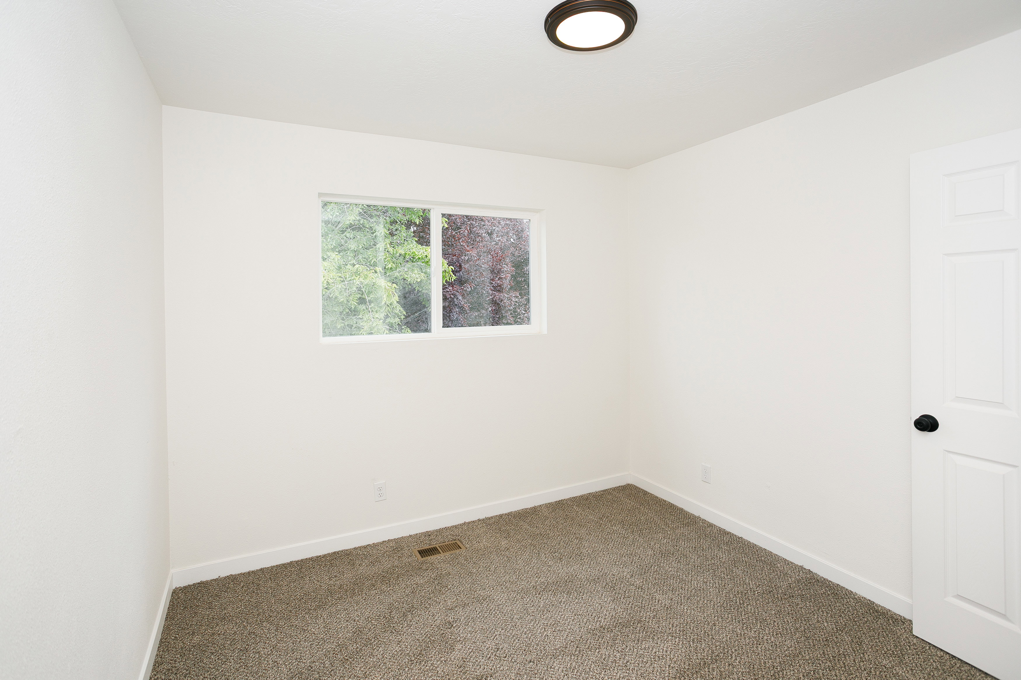 Bright room featuring a window, neutral-toned carpet, white baseboards, and a flush-mount ceiling light