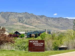 Mountainous backdrop with distant residential structures and a "Moose Hollow Luxury Condos" sign