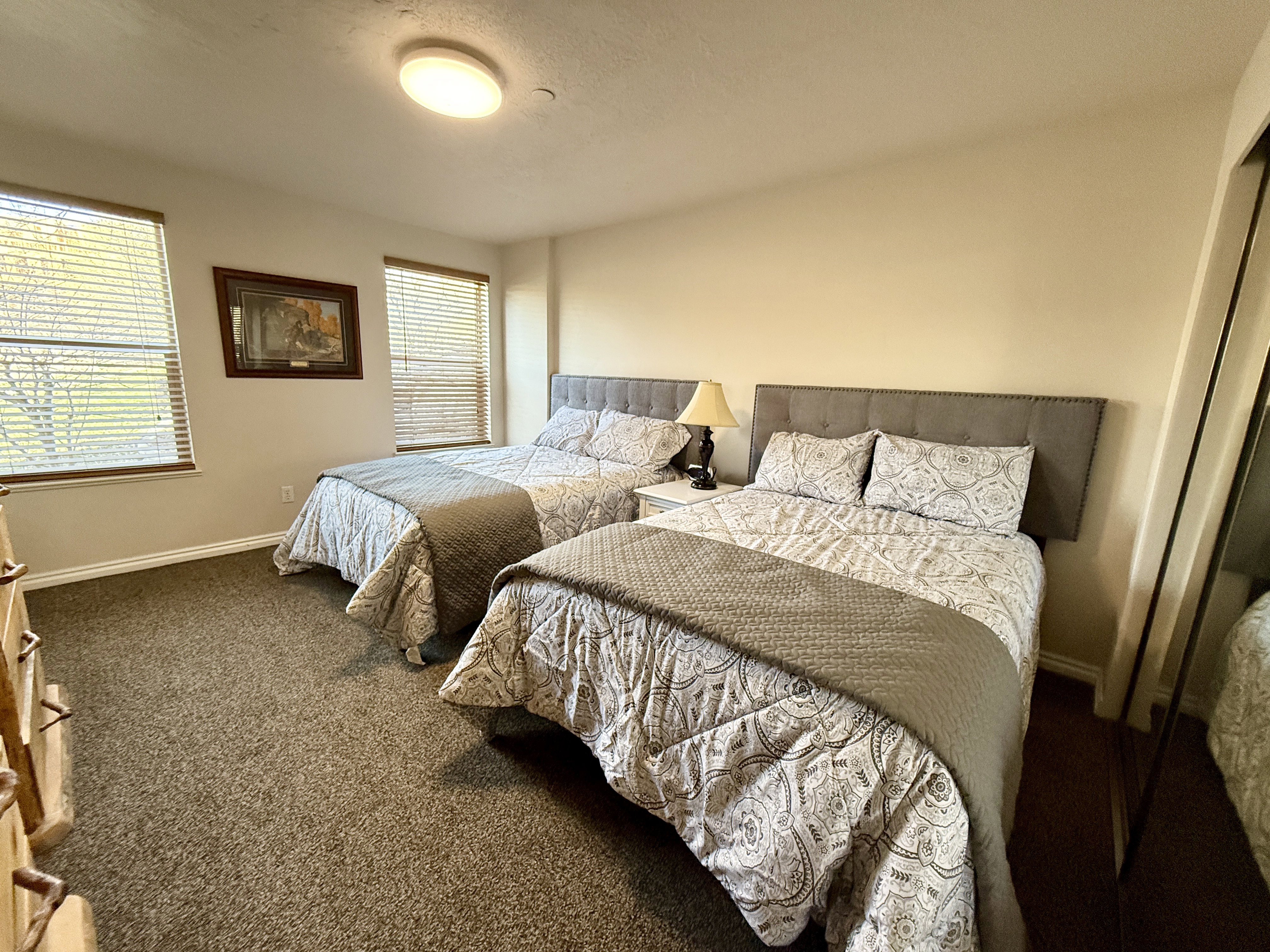 Carpeted room with two windows featuring blinds, neutral wall paint, and a built-in overhead light fixture