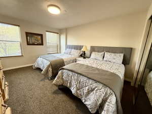 Carpeted room with two windows featuring blinds, neutral wall paint, and a built-in overhead light fixture