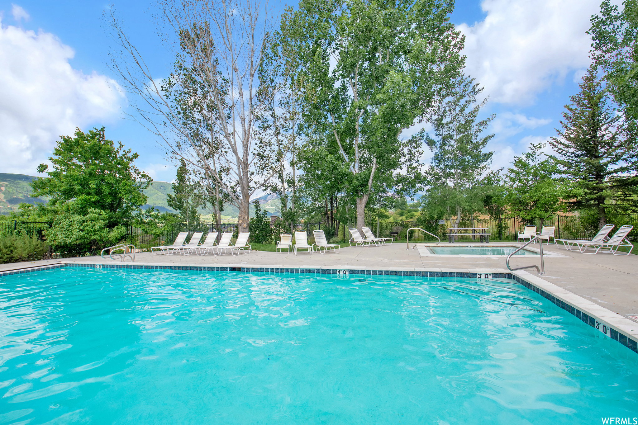 Outdoor swimming pool with integrated hot tub, surrounded by a concrete deck and mature trees