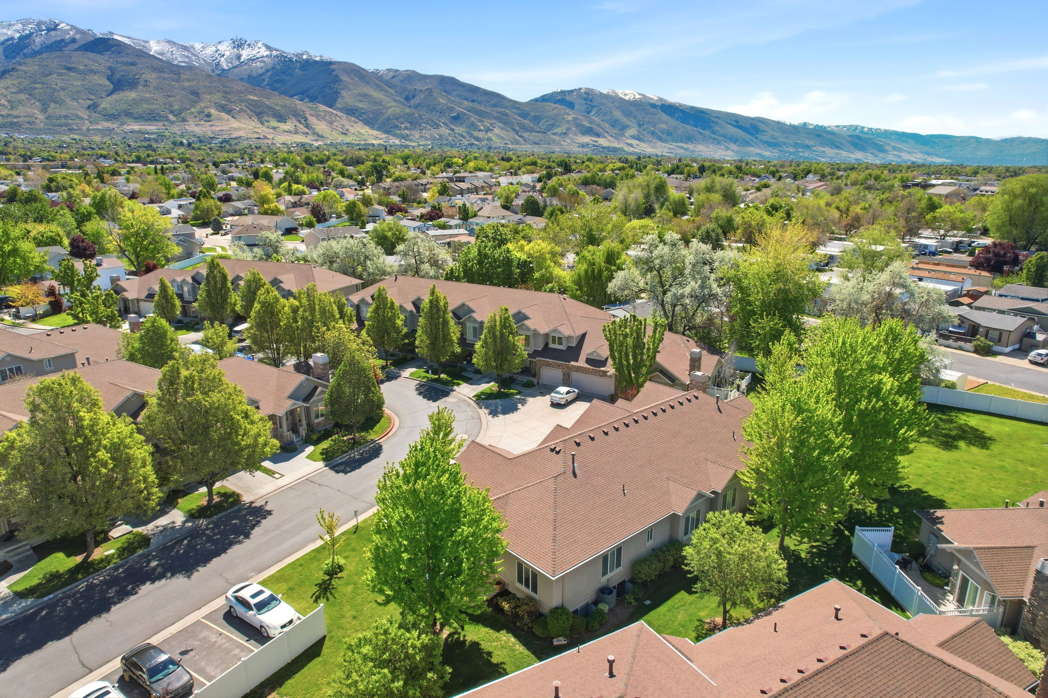 Aerial perspective showcasing a residential community with varied rooflines and extensive mature landscaping