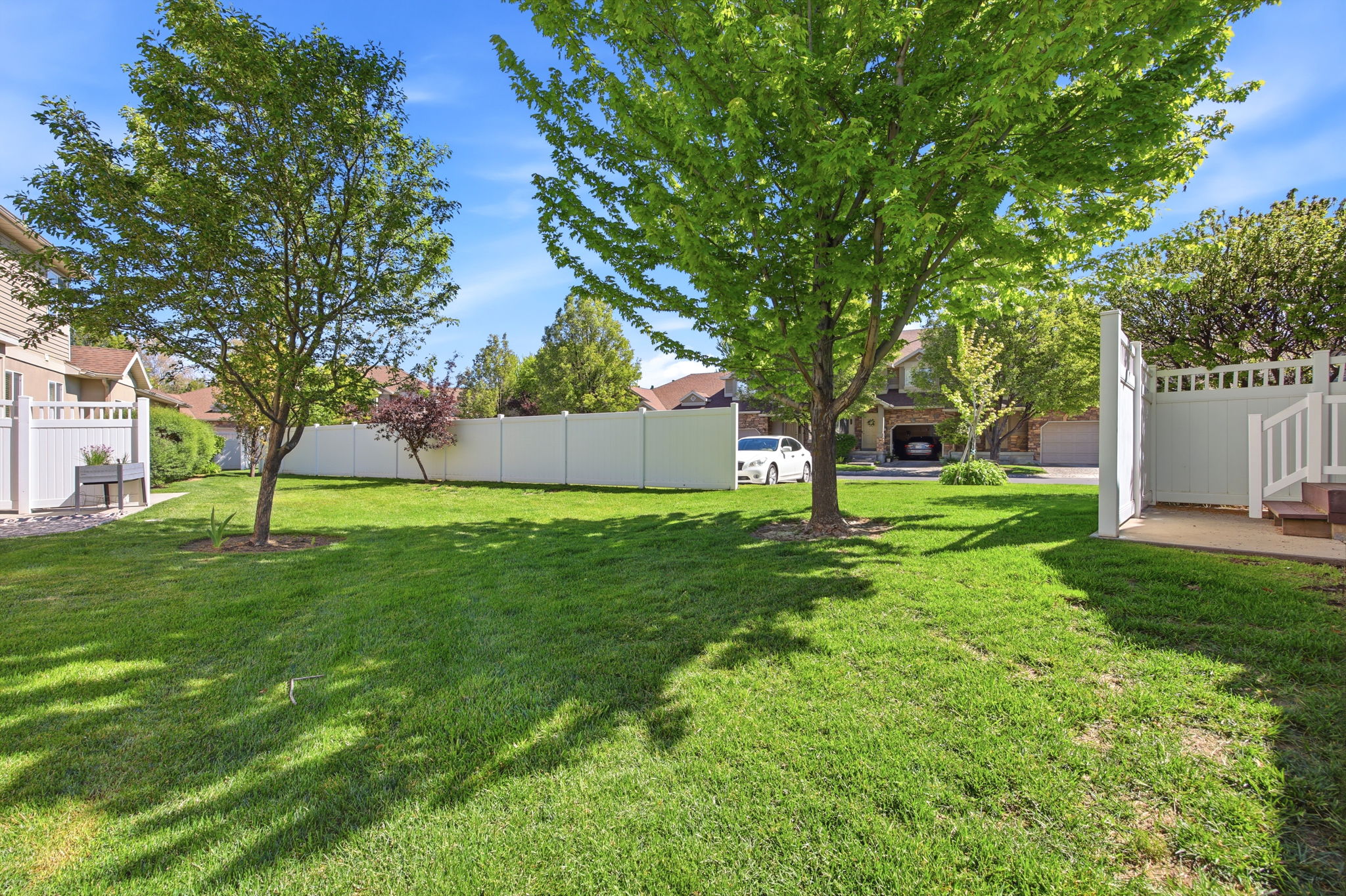 Expansive green lawn with mature shade trees, bordered by a white privacy fence