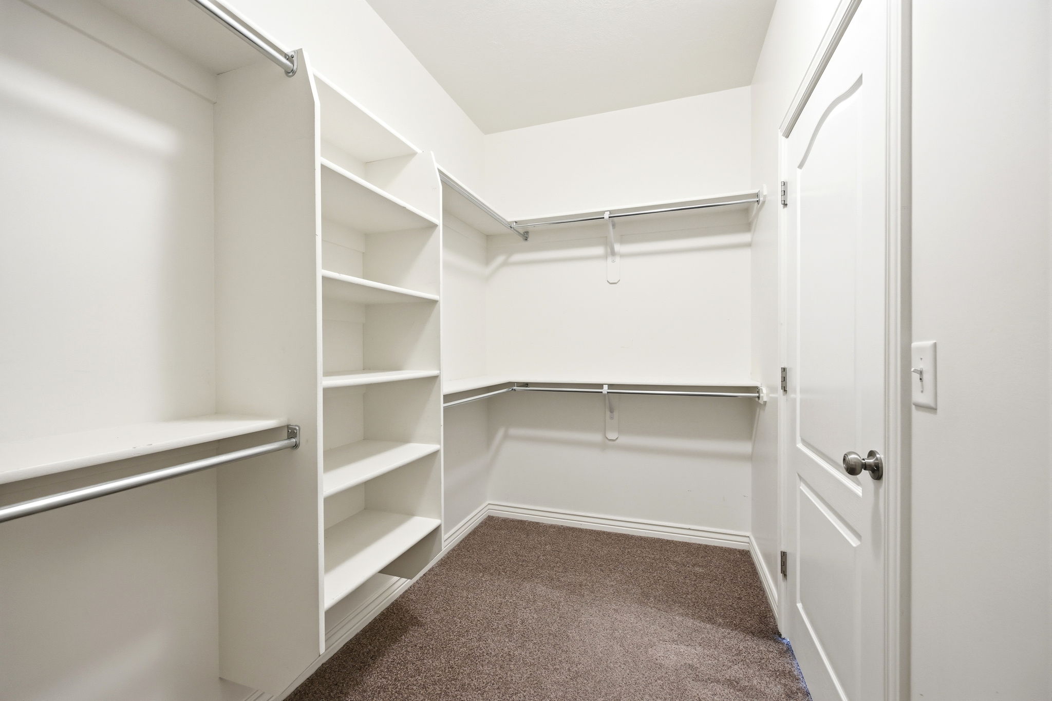 Walk-in closet featuring built-in shelving, multiple hanging rods, white walls, white trim, and brown carpet flooring