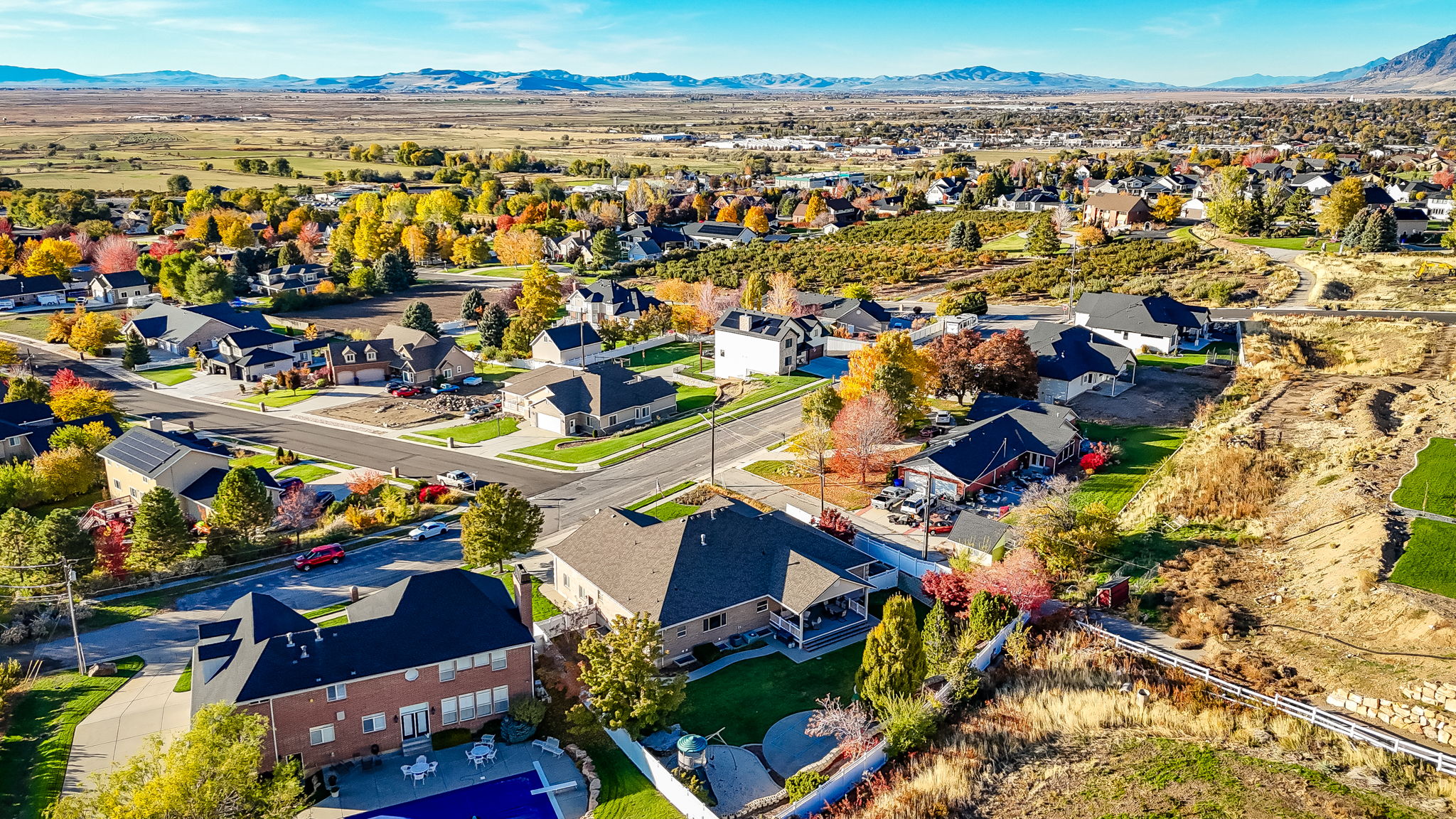 Expansive neighborhood featuring residential homes, mature trees, and a paved street network