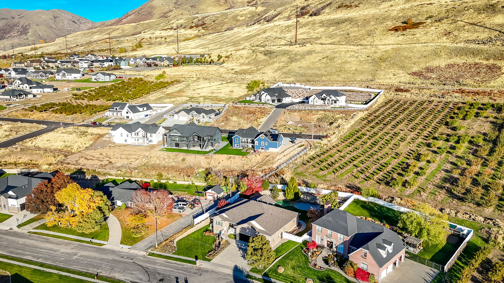 Expansive residential area featuring a variety of architectural styles, including multi-story homes with attached garages