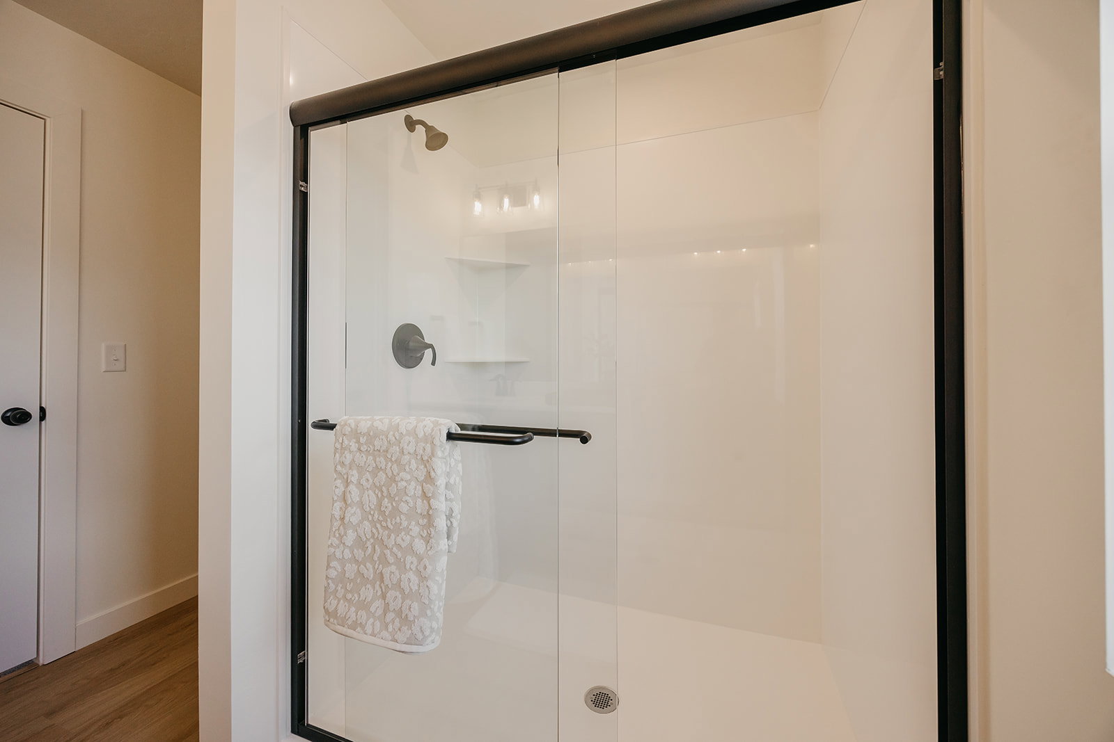 Enclosed shower with clear glass panels and matte black framing