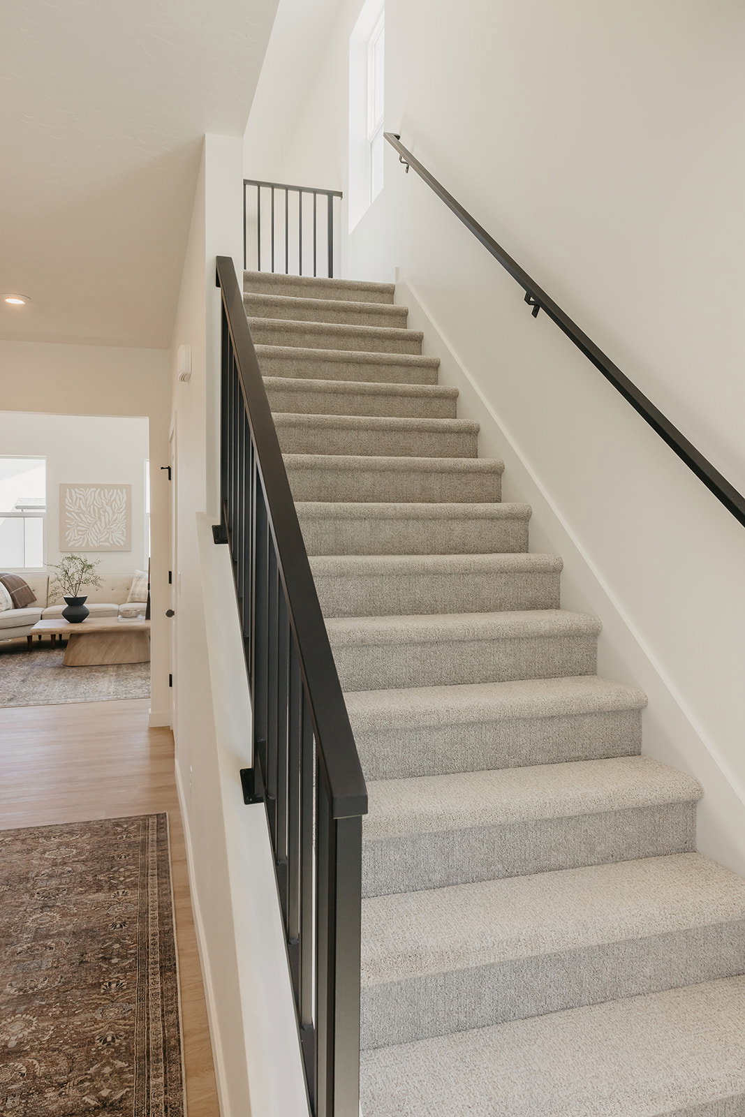Staircase featuring light gray carpeting and matte black railings with vertical balusters