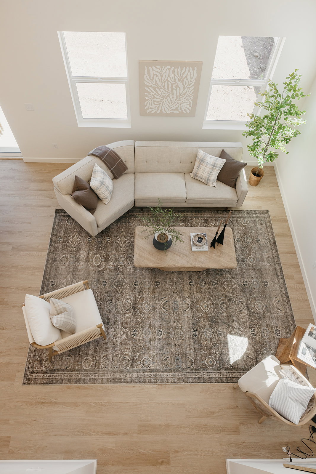 Open-concept living area featuring high ceilings with upper windows, wood-finish flooring, and a patterned area rug