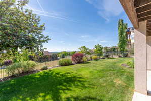 Expansive green lawn surrounded by varied plantings and a black metal fence, with a wooden pergola structure