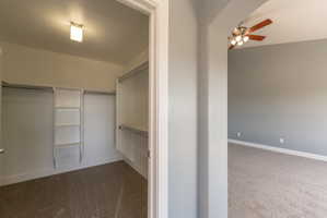 Walk-in closet featuring carpet flooring, built-in shelving, and hanging rods