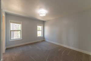 Neutral-toned room featuring two framed windows, plush carpeting, a ceiling-mounted light fixture, and white baseboards