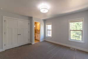 Bright room featuring two windows, neutral gray walls, and plush carpeting