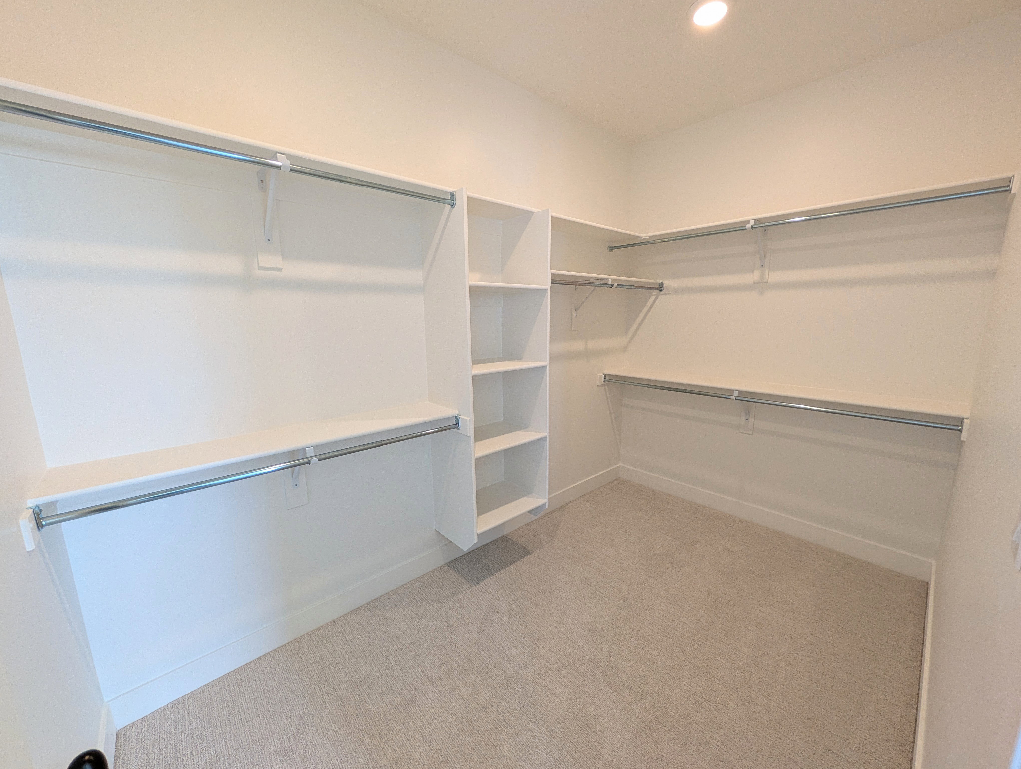 Walk-in closet featuring light-colored carpeting, multiple shelving units, and ample hanging rod space