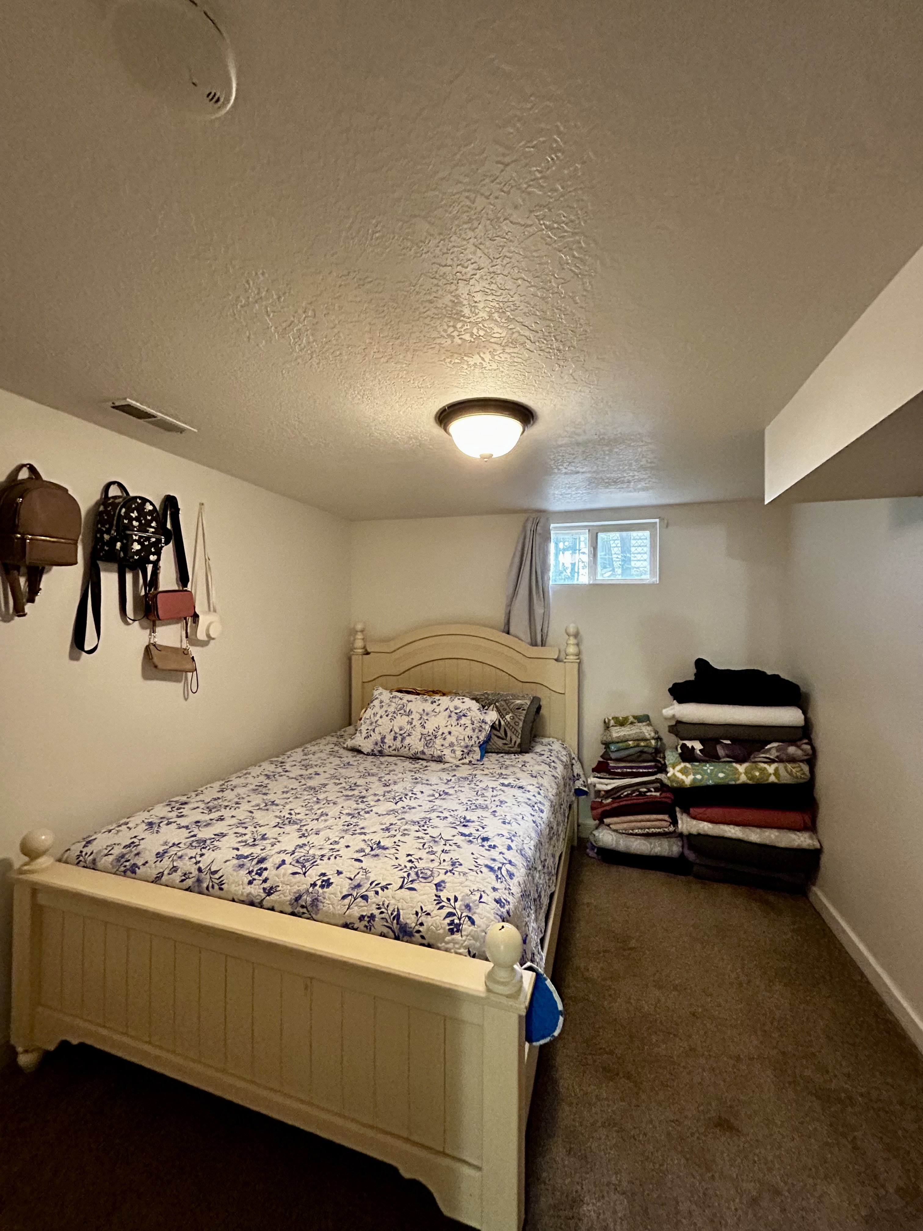 Bedroom #3 Carpeted room featuring a single window, white walls, and a flush-mount ceiling light fixture