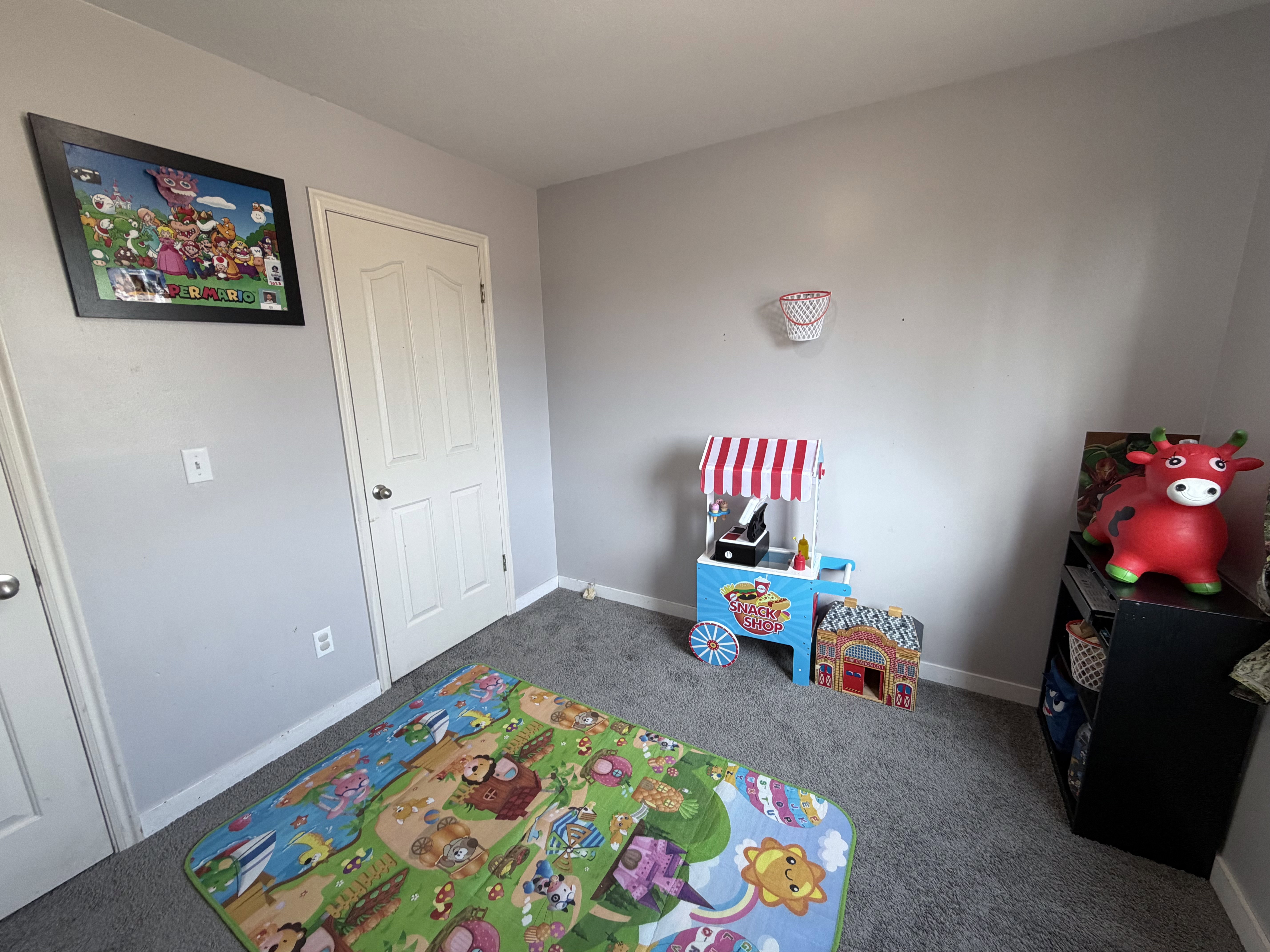 Plush gray carpeting and light gray wall paint