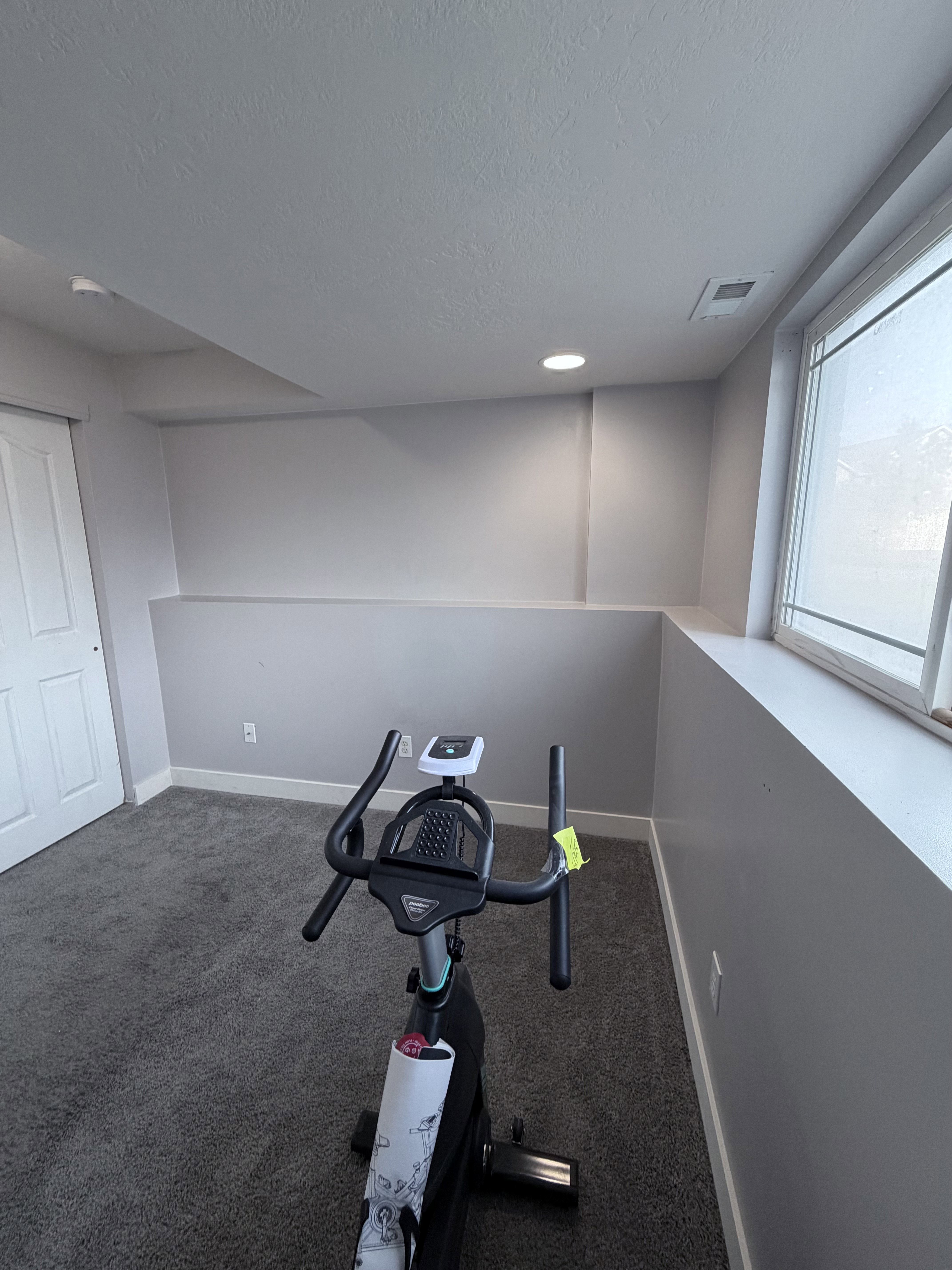 Carpeted room with recessed lighting and a window