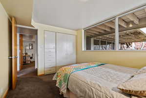 Bedroom featuring built-in cabinetry with drawers and double doors, a large horizontal window, light-colored walls, and dark carpeting