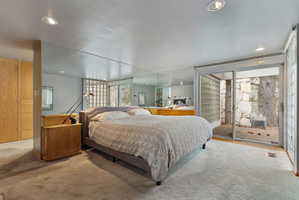 Carpeted room featuring a large sliding glass door, recessed lighting, mirrored wall panels, and built-in wood-finish cabinetry