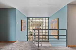 Glass block wall feature providing diffused natural light