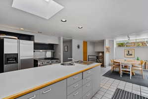 Kitchen featuring a central island with integrated sink, stainless steel appliances, recessed lighting, and a skylight