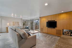 Living area featuring extensive built-in wood cabinetry, recessed lighting, track lighting, and full-height windows opening to an outdoor railing
